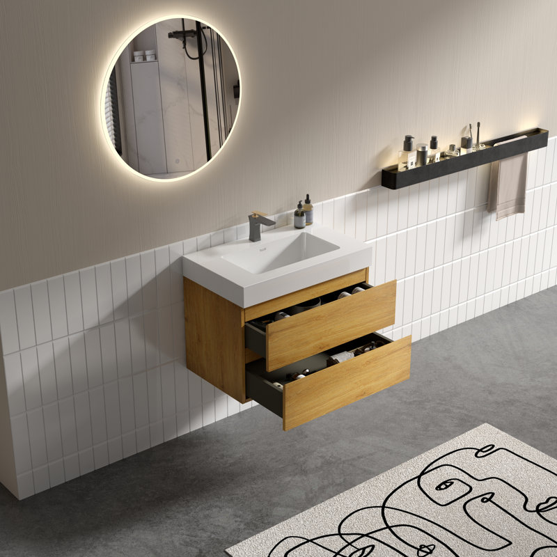 Meuble-lavabo simple 36 po avec surface solide et trop-plein, 36 po, pré-assemblé, Noyer, 36", Blanc