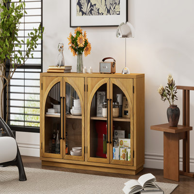 Grande armoire-buffet à 4 portes avec portes en verre et tablettes réglables, idéale pour la cuisine, la salle à manger et le salon (bois naturel)