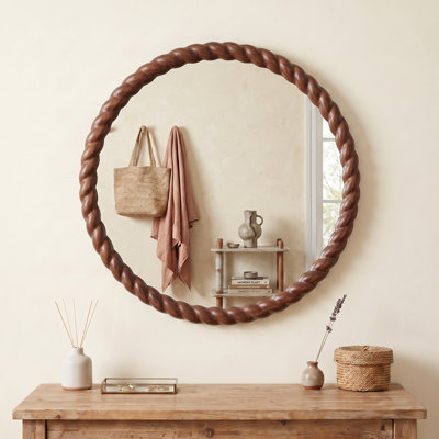 Farmhouse Round Wall Mirror with Solid Wood Frame and Carved Rope Detail