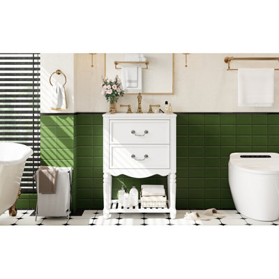 Meuble-lavabo de salle de bain avec lavabo en céramique de 24 pouces, design rétro élégant, deux tiroirs, dossier ouvert pour la plomberie, armoire d'inspiration rétro lustrée 24 po, tablette à fermeture douce