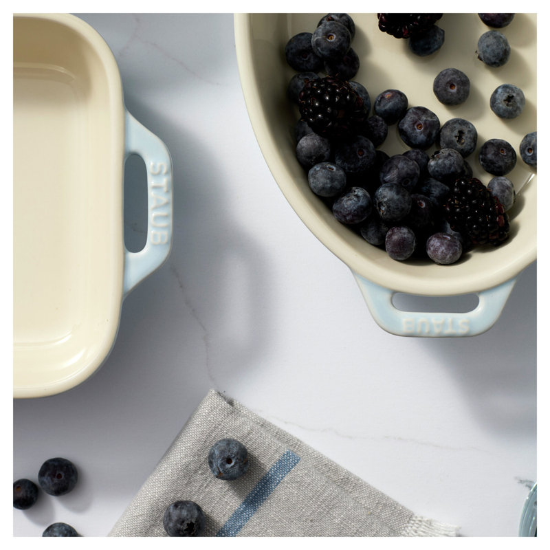 Staub Ceramic 4-Pc Baking Pans Set, Casserole Dish With Lid, Brownie Pan, Citron, Light Blue