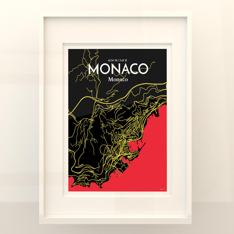 Monaco City Map in Contrast 1 Piece Wall Art, 24cm H x 18cm W x 0.05cm D