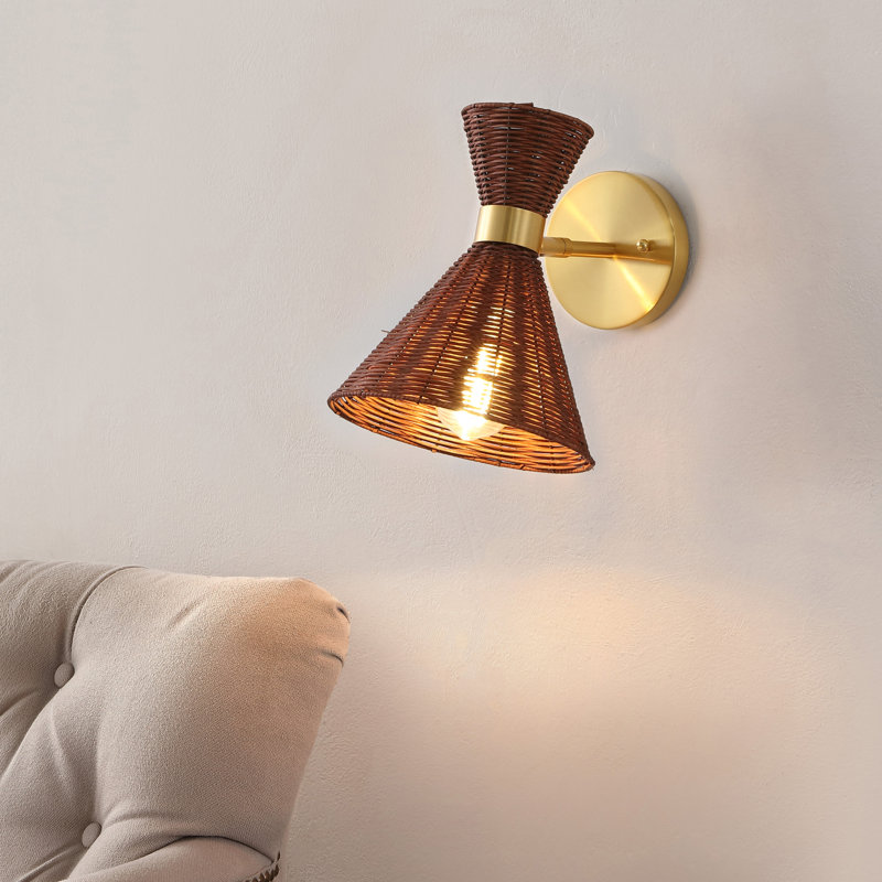 Abbighail 10" 1-Light Mid-Century Vintage Retro Rattan/Metal LED Sconce with Adjustable Shade, Dark Brown