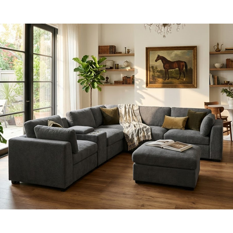 Canapé modulaire surdimensionné rembourré, canapé modulaire Cloud avec repose-pieds et console, Tissu gris