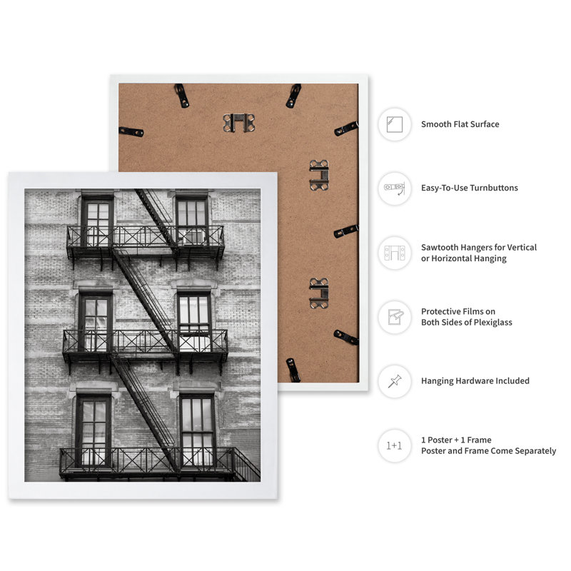 Escalier sur le bâtiment de Manhattan, 11"H x 14"W, Poster, White Framed