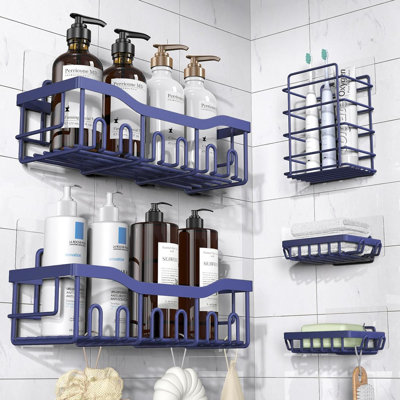 Ensemble de 5 boîtes de douche, organisateur de douche adhésif pour rangement dans la salle de bain, décoration intérieure et cuisine, sans perçage, grande capacité, organisateur de salle de bain en acier inoxydable antirouille, tablettes de douche 