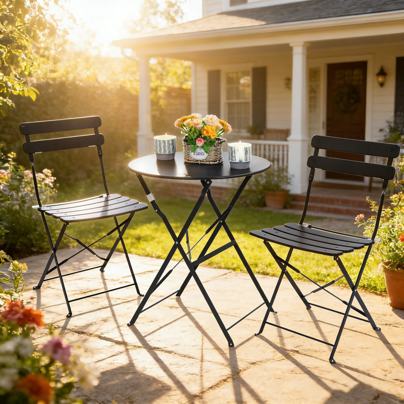3-Piece Folding Patio Bistro Set – No Assembly, Water-Resistant Metal, Easy Storage , Black