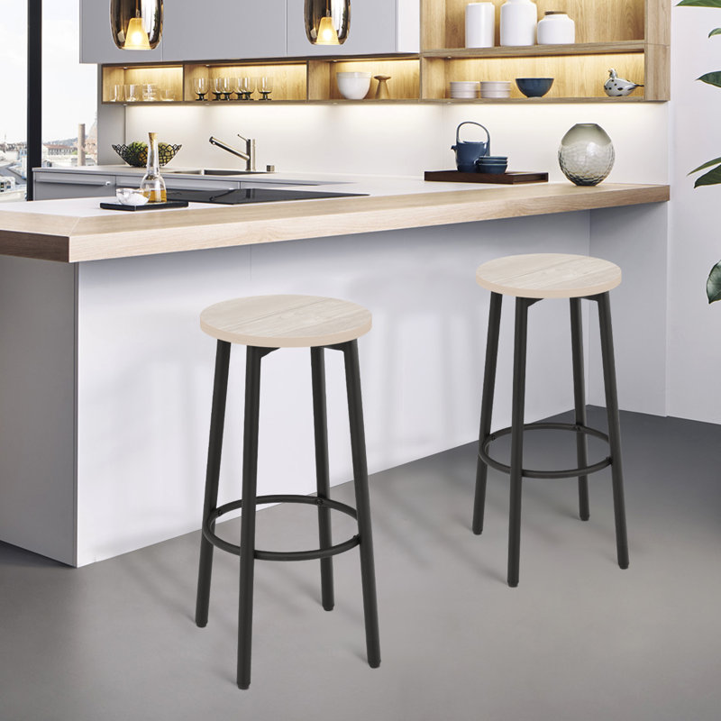 Round Kitchen Backless Bar Stool With Footrest, Greige
