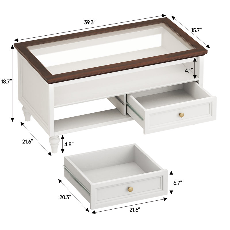 Table basse traditionnelle 39,3 po avec plateau en verre trempé, 2 tiroirs et tablette ouverte, White
