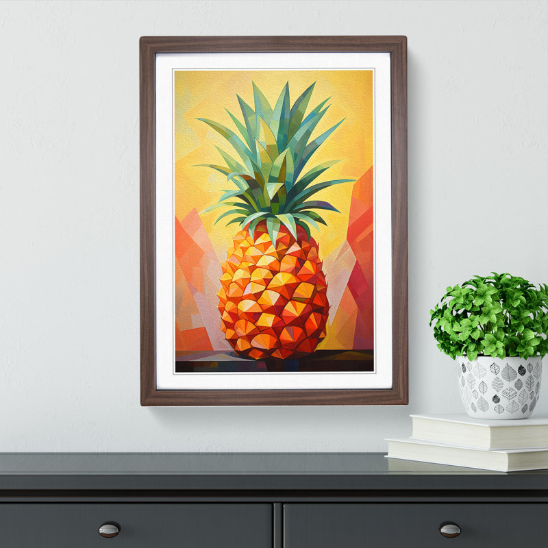 Pineapple Cubism - Single Picture Frame Print on Wood, Walnut Framed, 46cm H x 34cm W x 2cm D