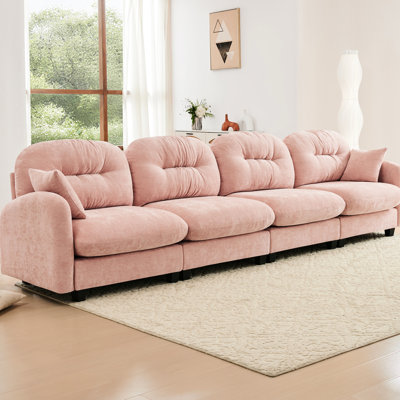 Canapé modulaire à quatre places rose avec tissu chenille, dossier plissé, conception ergonomique, 2 coussins décoratifs pour espaces de vie modulaires en chenille, siège, espaces de lecture