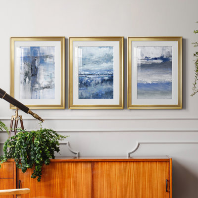 Soft Solace Indigo - Tableau abstrait paysage marin indigo, encadré sous verre acrylique, ensemble de 3, grand format pour salon