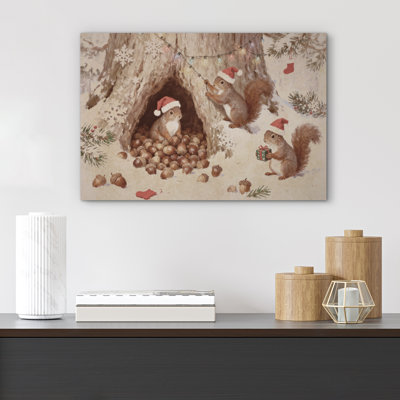 Christmas Holiday Celebration Whimsical Christmas Squirrels in Santa Hats Decorating Tree Print Pictures Frame Canvas Print Wall Art