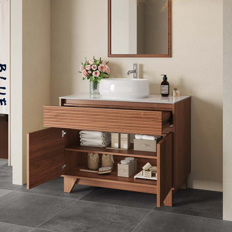 Meuble-lavabo autoportant en noyer de 36 po avec lavabo vasque et comptoir en pierre blanche 36 po, Oval