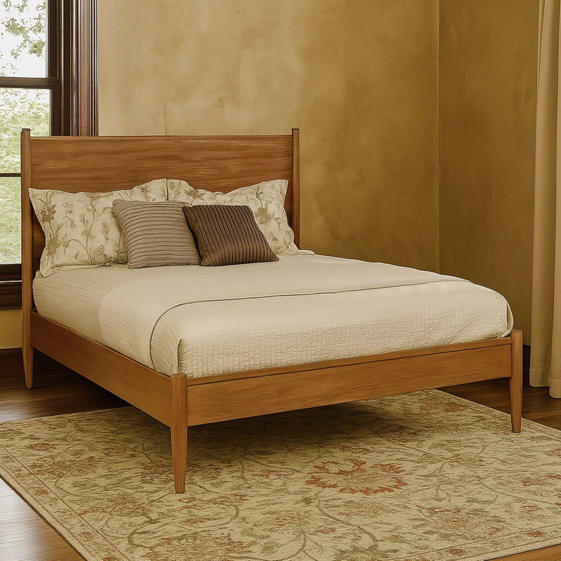 Lit plateforme Mid-Century pleine grandeur en chêne avec bois d'ingénierie, tête de lit haute et sans sommier pour la chambre à coucher, base à lattes à finition de retraite, décor pratique