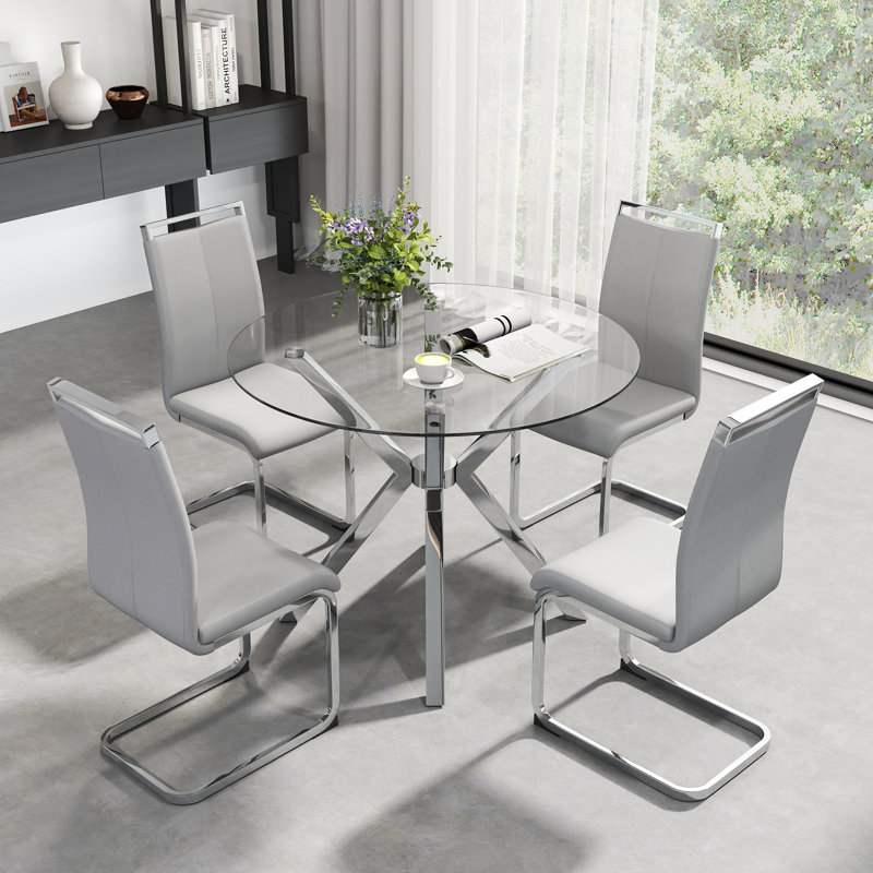 Modern Round Glass Dining Table Set with 4/6 PU Upholstered Chairs, Silver/Black/Gold Chrome Legs for Dining, Kitchen, Argent