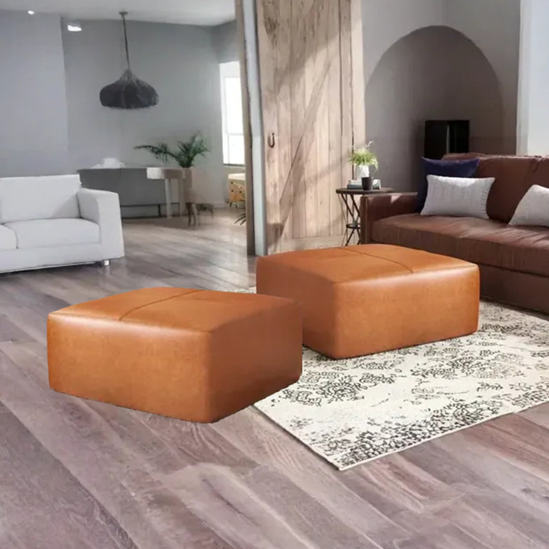 Hustle 89Cm Wide Genuine Leather Rectangle Footstool Ottoman, Brown