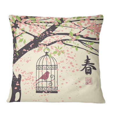 Cerisier en fleurs avec oiseau rose et signe chinois - Coussin décoratif imprimé traditionnel