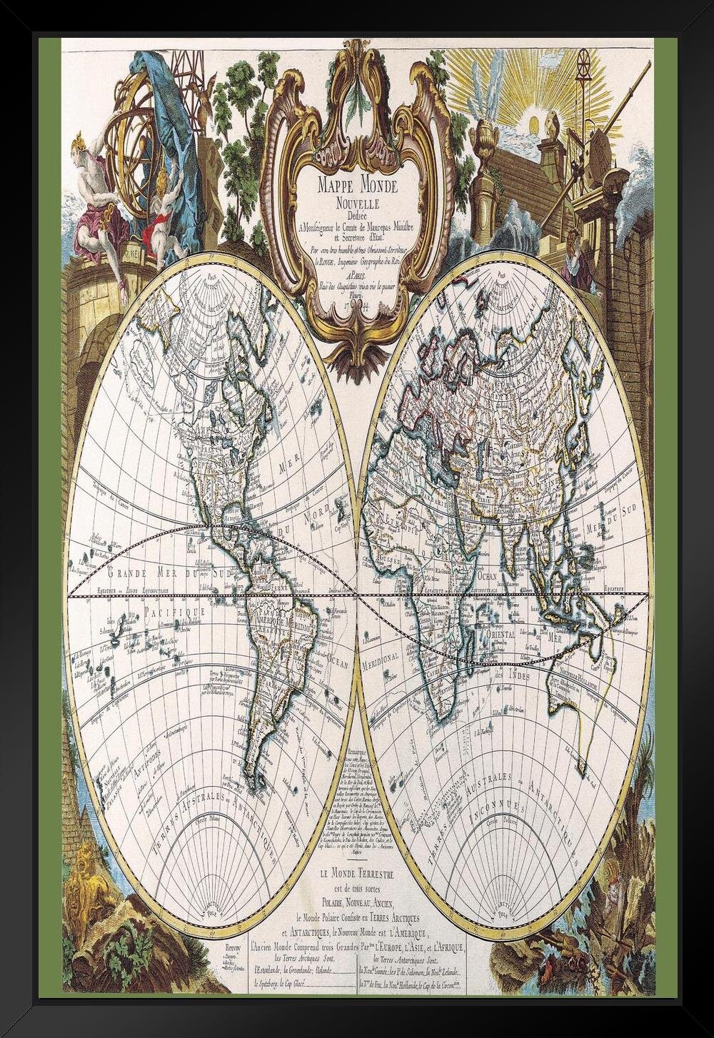 Trinx Antique World Map 1744 Mappe Monde White Wood Framed Poster 14x20  Framed On Paper Print