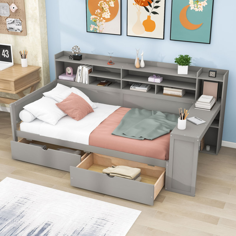 Lit de jour en bois avec bureau d'étude intégré et tiroirs et tablettes de rangement, Lit simple