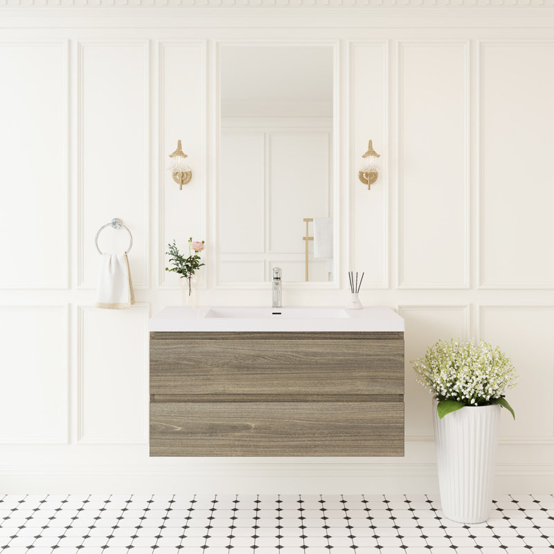 Meuble-lavabo flottant de 42 po avec lavabo, rangement mural moderne, lavabo à surface solide, gris cendré, fermeture en douceur pour un confort et une longévité de finition à l'eau