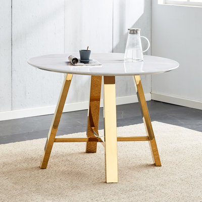  White Round Dining Table with 42 Inch Patterned MDF Top and Stainless Steel Legs for Home or Office, White