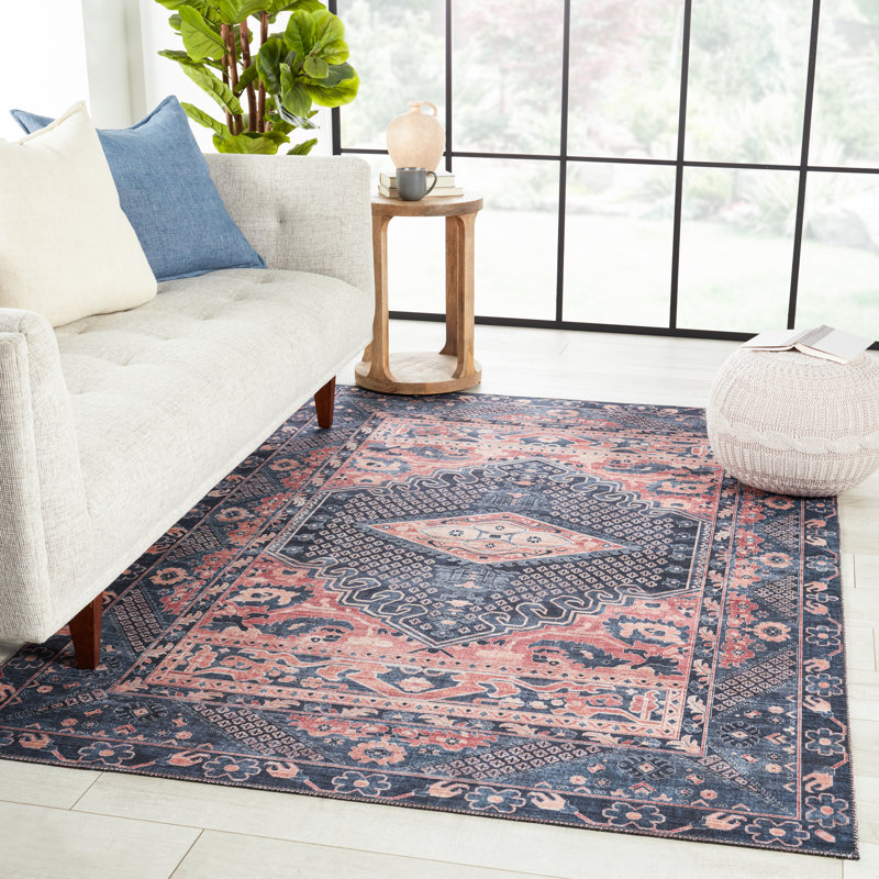 Tapis bleu foncé / rose lavable à la machine Issa, Rectangle 6 pi x 9 pi