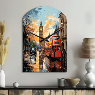Irmgarda Red Beige City London Popart II - London Asymmetrical Metal Wall Clocks, Red Arch Wall Clock Print