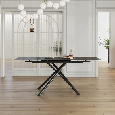 Table de salle à manger rétractable en pierre frittée, de conception rectangulaire moderne, avec des pieds en acier au carbone noir au bas, 83 pouces convenant à 6 à 8 sièges