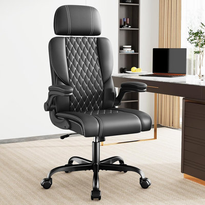 Executive Leather Office Chair, Comfy Desk Chair With Adjustable Headrest & Flip-Up Padded Arms & Lumbar Support, Adjustable Hight And Tilt, Rolling S -  Inbox Zero, 93F7AF7A4BAD4050ABC385ECD21EB356