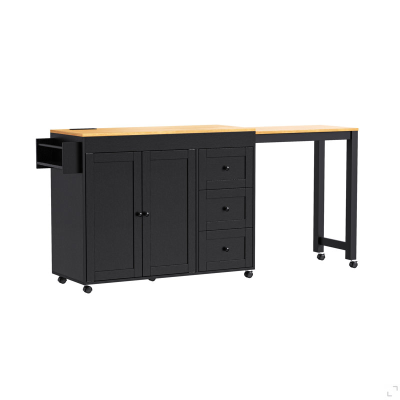 Îlot de cuisine 74,8 po avec table de salle à manger extensible, chariot de rangement de cuisine avec 3 tiroirs, prise de courant, îlot de cuisine sur roulettes avec support à épices et armoire à 2 portes, pour la cuisine