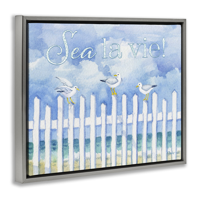  «Seagulls on Beach Fence Floater», art mural sur toile par Paul Brent, H 17 po x l 21 po, Cadre flottant gris lustré
