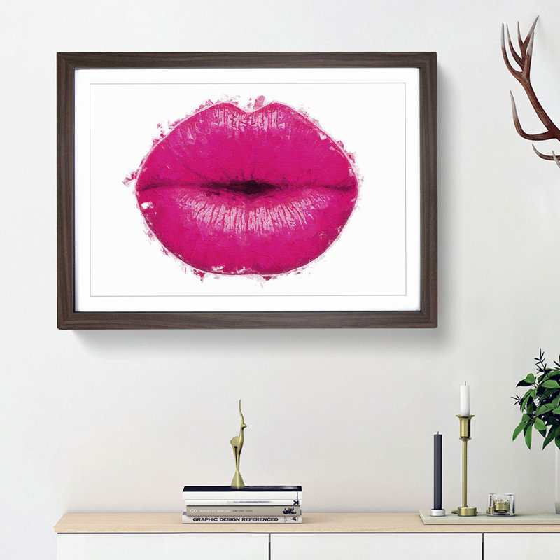 Hot Pink Lips in Abstract - Picture Frame Painting Print, 36cm H x 48cm W x 2cm D, Walnut Framed