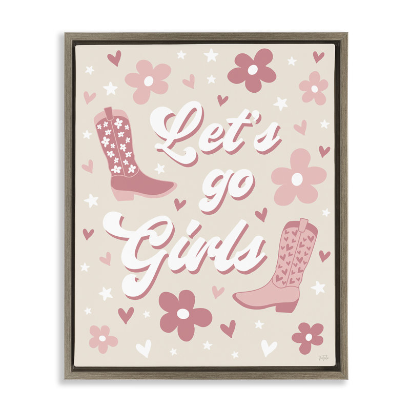 «Groovy Let's Go Girls», art mural encadré sur toile flottante par Natalie Carpentieri, Cadre flottant brun