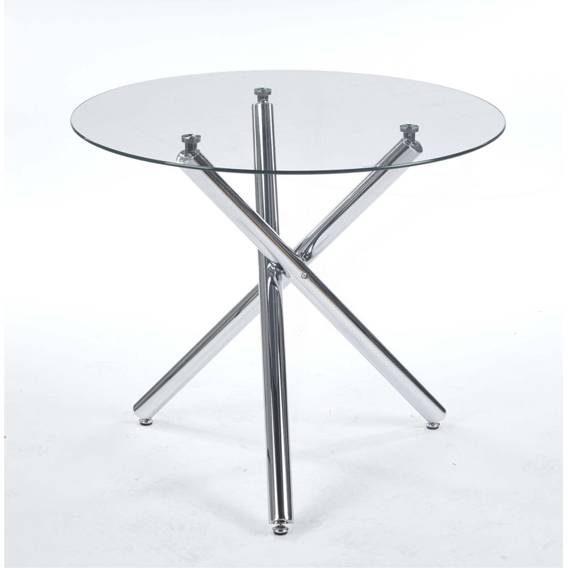 Round Dining Table with metal leg and tempered glass,Modern Space Saving Kitchen Table for Living Room, Silver