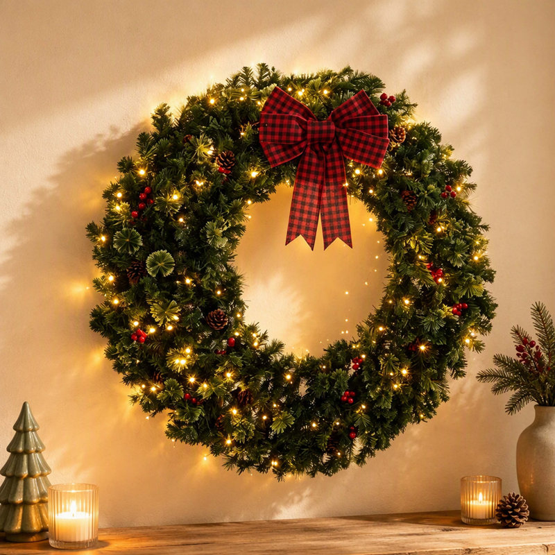 Couronne de Noël épinette 48 po pré-éclairée avec arc décoratif, 8 modes d'éclairage, baies rouges et pommes de pin