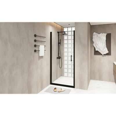 28X72 Inch Shower Door With Pivot Function, Matte Black Aluminum Half Frame, 1/4" Tempered Glass, Film, Practical Water - Blocking, Space Saving Swing For Bathroom Enhancement 6Mm Transparent Proof