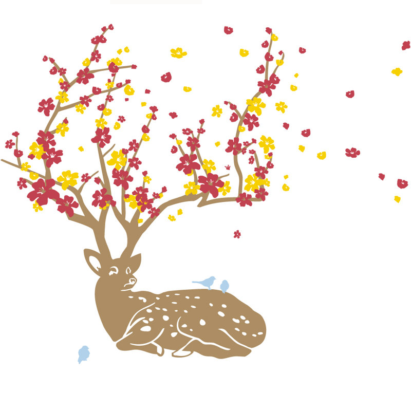 Décalcomanie murale cerf fleur de cerise, 33" H x 28" lx 0.01" D, Brown / Rouge À Lèvres / Lilas