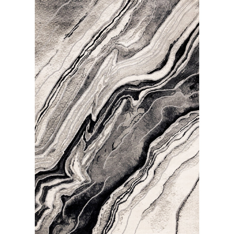  Ocossio Grey Black Modern Abstract Waves Area Rug, Rectangle 6'7" x 9'6"