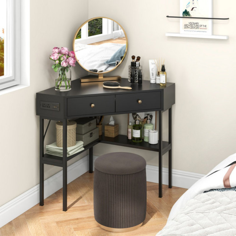 Triangle Corner Desk With Charging Station With 2 Drawers And Storage Shelf, Black