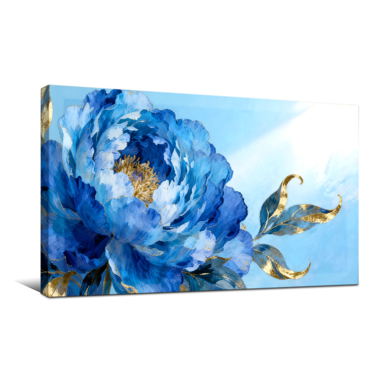 Plantes et fleurs de pivoine bleue avec des feuilles d'or sur fond de ciel, H 28 po x l 58 po