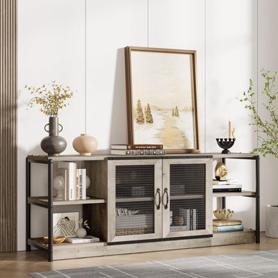 GarveeHome Farmhouse Industrial TV Stand for 65/75 Inch TV - Grey Entertainment Center with Double Mesh Doors - Storage Cabinet & Shelves - Rustic Media Console Table for Living Room, Grey