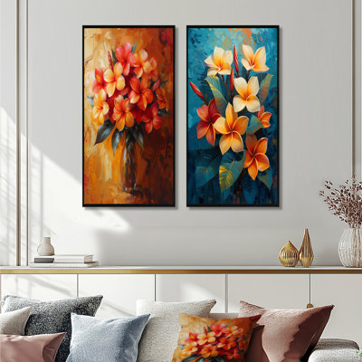 Ensemble de 2 pièces d'art mural orange et rouge Plumeria Vibrant II I - Plumeria