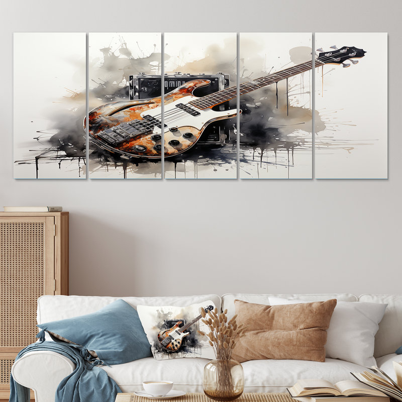 «Brown Charcoal Guitare», ensemble de 5 pièces d'art mural, H 28 po x l 60 po