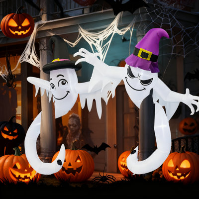6FT Halloween Inflatable Ghost Decorations - Ghosts With Witch Hats & Built-In LED Lights For Front Door, Garden, Yard Party Spooky Decor