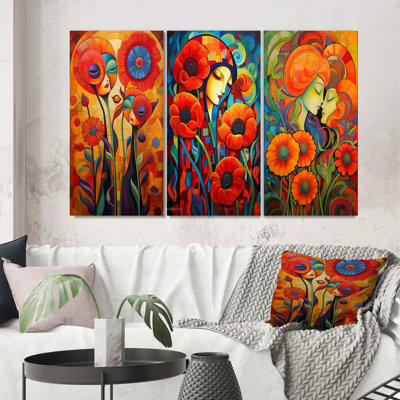 «Cat Portrait Blossoming Retro Red Poppies», 3 pièces