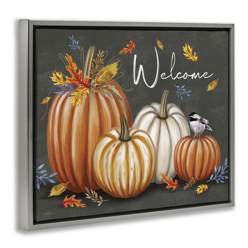  «Welcome with Autumnal Pumpkins», art mural encadré par Elizabeth Tyndall, H 17 po x l 21 po, Cadre flottant gris lustré