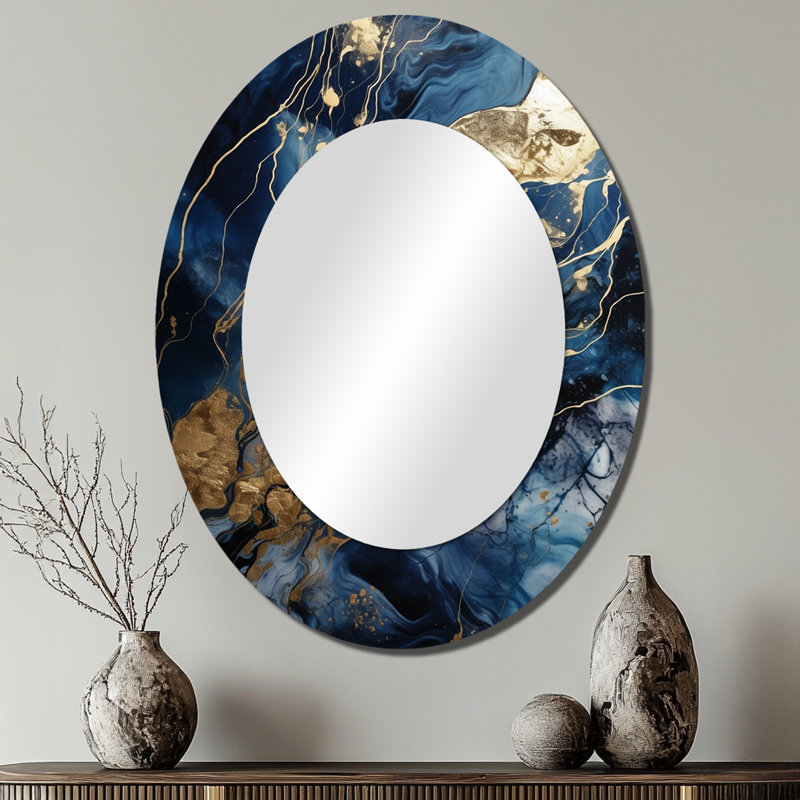 Exploration des profondeurs de la géode bleue III - Grand miroir mural ovale sur métal, 40 po x 30 po