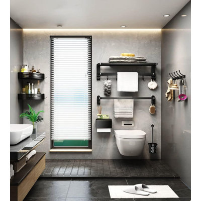 Matte Black Wall Mounted No Drill Towel Rack With Shelf - Double Foldable Towel Rod For Bathroom Shower - Includes Glue And Screw Mounting Options - Rust-Free Aluminum Construction