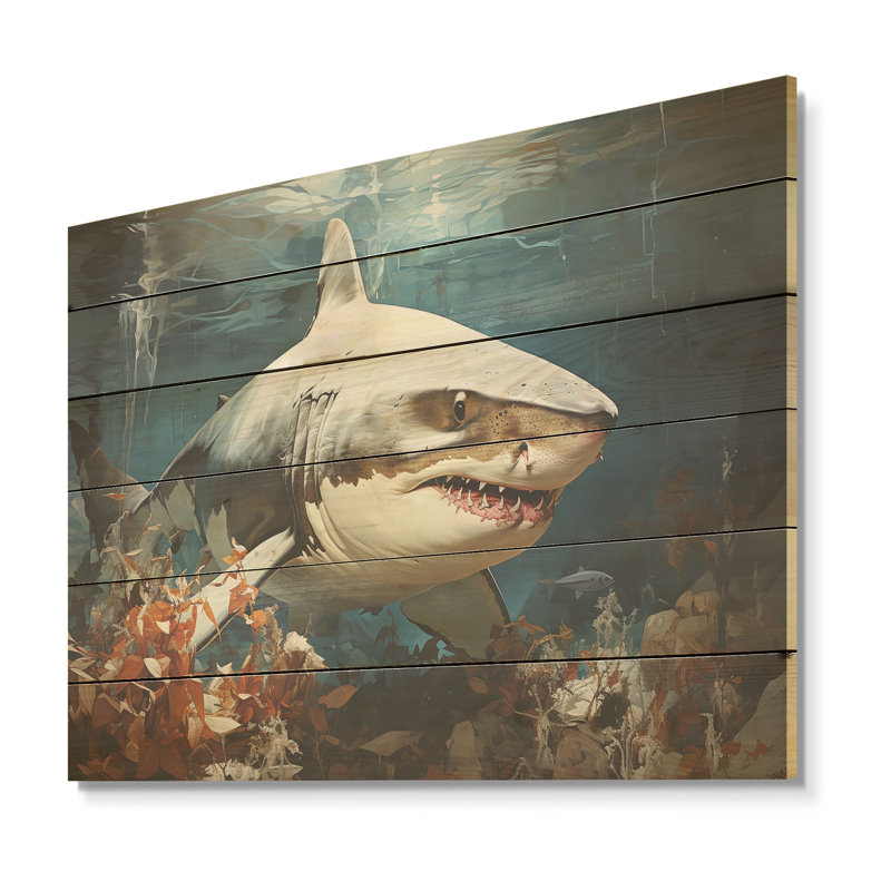 Minimalism Shark Hunting - Coastal Animal Wood Wall Art On Natural Pine Wood, 30" H x 40" W